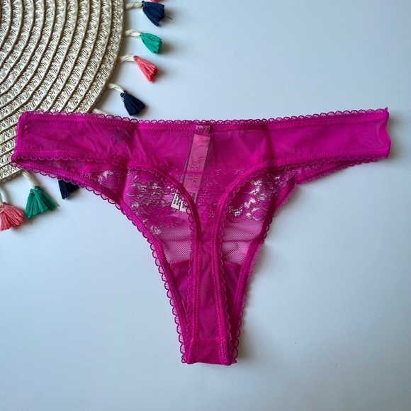 Victoria's Secret Body By Victoria Shimmer Lace-Front Thong Panty Fuchsia S NEW - Picture 7 of 7